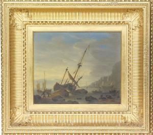 A Coastal Landscape With A Sailing Ship Run Aground thumbnail