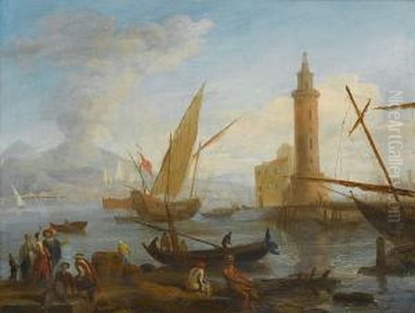A Mediterranean Harbour With Elegant Figures On The Quay And Fishermen With Their Nets - view 1