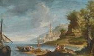 A Coastal Scene With Fishermen And A City In The Background