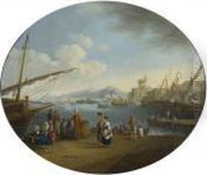 Citta' Portuale Con Pescatori E Orientali by Adriaen Manglard