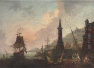 A Mediterranean Harbour With
Elegant Company And Merchants By A Lighthouse, Shipping Beyond by Adriaen Manglard