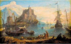 A Mediterranean Harbour Scene With Fishermen Unloading Their Catch