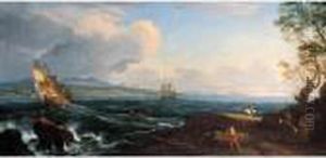 A Coastal Landscape With A Ship And Figures On The Shore by Adriaen Manglard