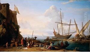 Mediterranean Harbour Scene With Merchants Selling Their Wares On The Quay by Adriaen Manglard