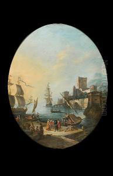 A Mediterranean Harbour With 
Elegant Figures And Stevedores On A Quay, Moored Shipping Beyond - view 1