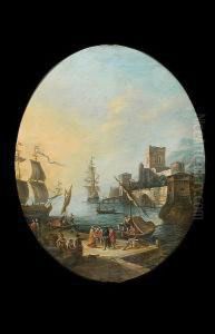 A Mediterranean Harbour With 
Elegant Figures And Stevedores On A Quay, Moored Shipping Beyond