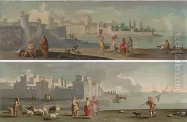 A Shepherd And His Flock, A
Woman And A Fisherman On The Shore, A City Beyond; And Figures On The
Shore, A Fortified City Beyond - view 1