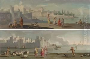 A Shepherd And His Flock, A
Woman And A Fisherman On The Shore, A City Beyond; And Figures On The
Shore, A Fortified City Beyond by Adriaen Manglard