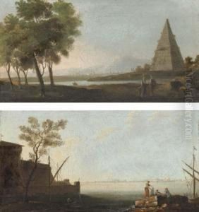 A Mediterranean Coastal Inlet
With Fishermen By The Shore; And Ariver Landscape With Figures In The
Foreground, A Pyramidbeyond by Adriaen Manglard