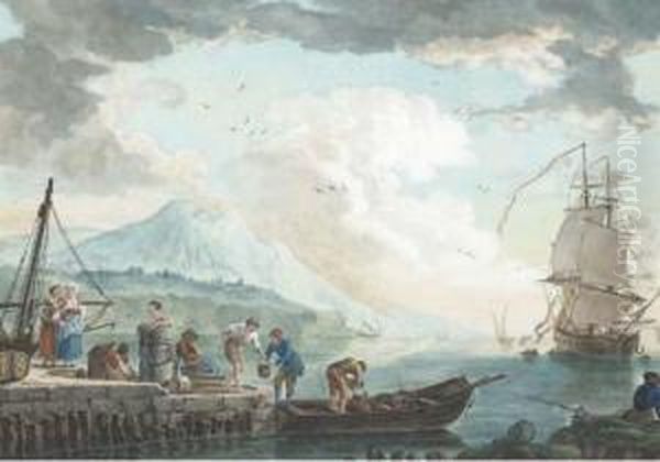 A Group Of Figures Transporting Water By The Sea, A Ship In The Distance - view 1