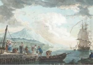 A Group Of Figures Transporting Water By The Sea, A Ship In The Distance by Adriaen Manglard