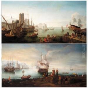 A Mediterranean Port Scene With 
Figures Unloading A Boat On A Quay, Ships At Anchor Beyond by Adriaen Manglard