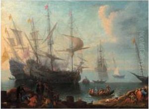 View Of A Mediterranean Harbour by Adriaen Manglard
