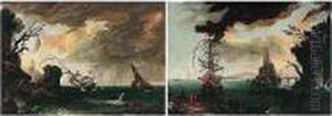 Stormy Seas With A Shipwreck Off A Rocky Coast