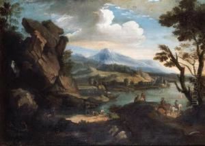 A Coastal Landscape With Figures By A Rocky Inlet, A Fortified Townbeyond by Adriaen Manglard