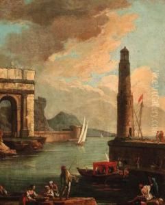 A Mediterranean Harbour With 
Peasants On The Shore With A Launch Bya Quayside And A Tower Beyond