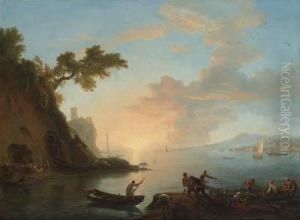Neapolitan Coastal Views With A Dutch Warship And Fishermen In Aharbour