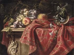 Grapes On The Vine, Plums, Apples, Morning Glory On A Gold And Red Embroidered Tapestry by Carlo Manieri
