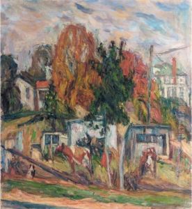 Village In Autumn, With City Street Painted On Reverse by Abraham Manievich