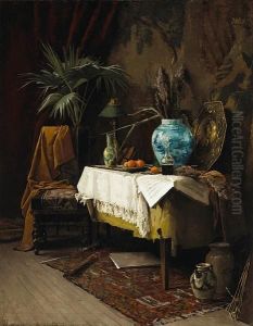 An Interior With A Still Life Of
 An Oriental Vase, Oranges, A Carafe Of Wine And A Sheet Of Music On A 
Table