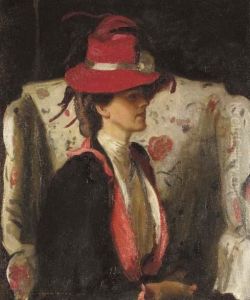 Seated Lady Wearing A Red Feathered Hat