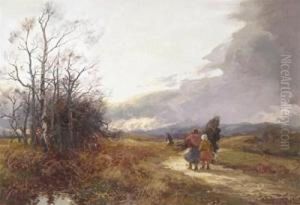 An Autumnal Landscape With Rustics Gathering Wood by William Manners
