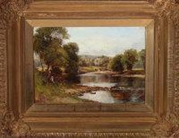 Girls Picking Wild Flowers At A Riverbank With Cattle And A Ruinedabbey In The Distance - view 1