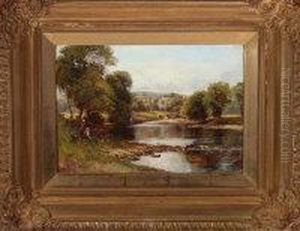 Girls Picking Wild Flowers At A Riverbank With Cattle And A Ruinedabbey In The Distance by William Manners