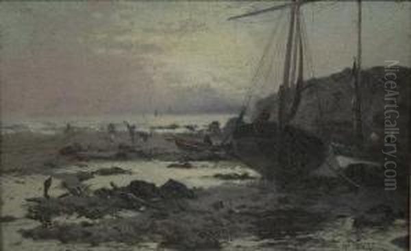 Beached Fishing Boat And Figures
On The Shoreline At Low Tide; Figures Beside A River At Dusk - view 1