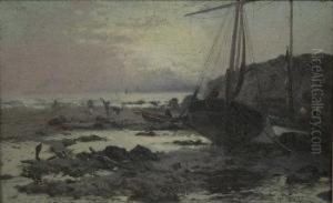 Beached Fishing Boat And Figures
On The Shoreline At Low Tide; Figures Beside A River At Dusk by William Manners