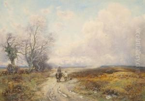 Travellers On A Country Lane, A Moorland Landscape Beyond by William Manners