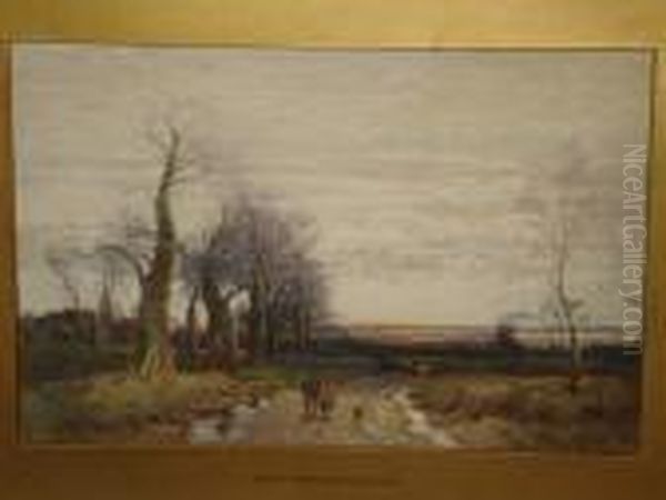 A Woodland Landscape With Figures And Dog On Apathway At Dusk - view 1