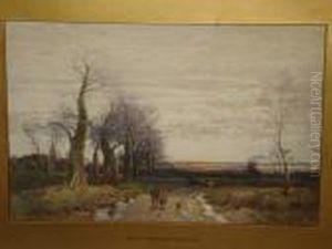 A Woodland Landscape With Figures And Dog On Apathway At Dusk by William Manners