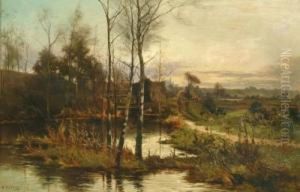 Autumnal Evening With Figures On A Riverside Path by William Manners