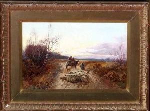 A Country Road With A Horse Cart, A Shepherd And Flock by William Manners