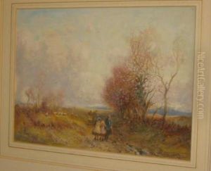 Children Walking In Acountry Lane In Late Autumn by William Manners