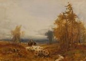 Watercolour, Shepherdand Sheep On A Country Lane, Signed And Dated 1912, 7" X 10" by William Manners