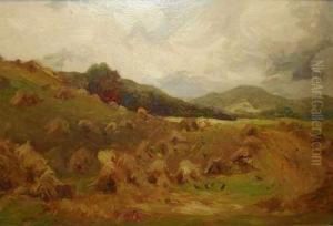 A Harvest Scene With Corn Stooks In A Landscape by William Manners