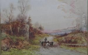 A Farmer Herding Cattle On A Country Pathway by William Manners