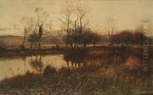 Extensive River Landscape At Sunset, With A Figure In The Foreground by William Manners