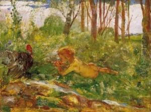 Boy Playing The Flute By The Brookside by Gusztav Mannheimer