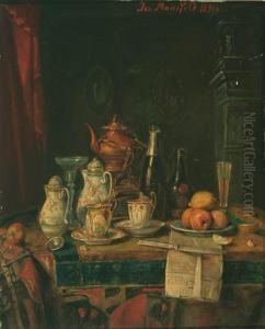 Still Life Withtea, Fruit And Morning Newspaper by Josef Mansfeld