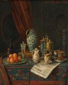 Stilleven Met Rijkgedekte Tafel, Waaropporseleinen Theekommen, Appels En Perzische Kan by Josef Mansfeld