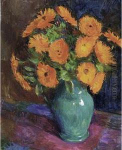 Marigolds In A Green Vase