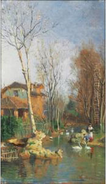Bord De Riviere Avec Des Cygnes [
 ; Swans On A River ; Oil On Panel Signed And Located Lower Left G. 
Mantegazza Milano] - view 1