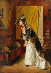 "nell'atellier" Olio Su Tavola 
Firmato, Iscritto E Datato '874 In Basso A Sinistra. Prov. Raccolta 
Pompeo Mariani, Etichetta Al Retro by Giocomo Mantegazza