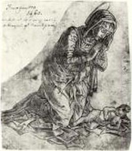 The Virgin Kneeling Adoring The Infant Christ by Andrea Mantegna