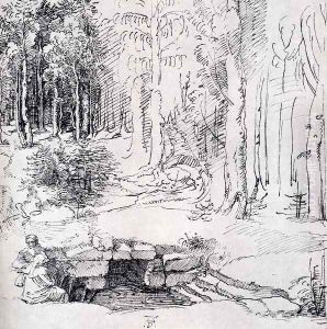 Forest Glade With A Walled Fountain By Which Two Men Are Sitting (or St. Anthony And St. Paul, Identified By The Flying Raven) by Albrecht Durer