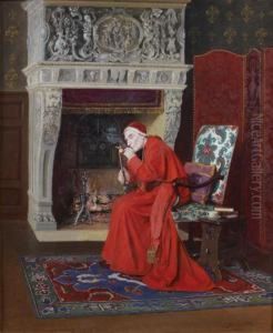 Cardinal Fumant Devant Une Cheminee by Victor Marais-Milton