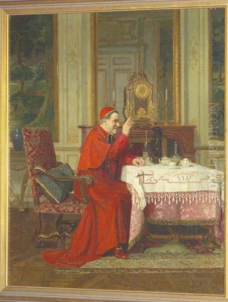 Interior Scene With A Cardinal
Seated At A Table Feeding A Small Dog Signed, Also Inscribed On A Label
Verso - view 1